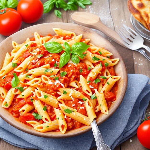 Penne pasta in tomatensaus met kip en tomaten op een houten tafel