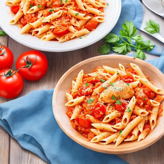 Penne pasta in tomatensaus met kip en tomaten op een houten tafel