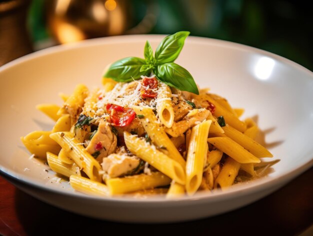 Penne pasta in tomatensaus met kip in een kom Generatieve AI