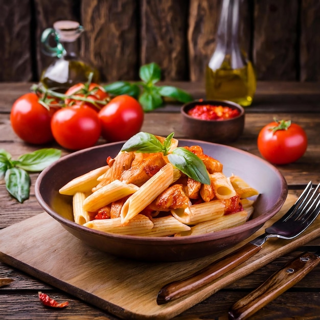 Foto penne pasta in tomatensous met kip en tomaten op een houten tafel