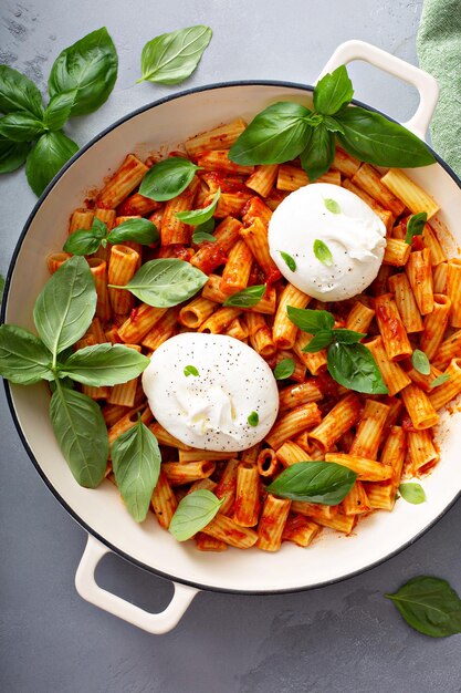 Penne pasta marinara with buratta