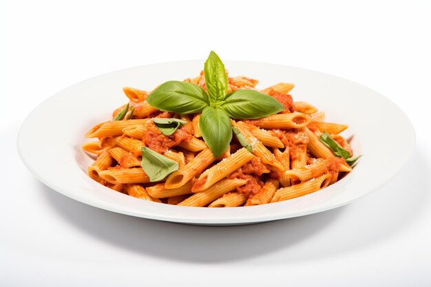 Penne pasta met bolognese saus en basilicum op een wit bord op een lichte achtergrond