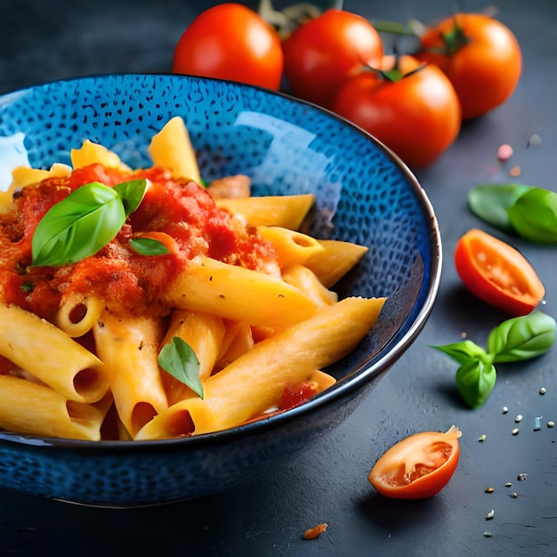 Penne pasta met een rijke smaakvolle tomatensaus, gegarneerd met geraspte kaas en verse basilicum