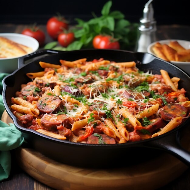 Penne pasta met paddenstoelen en parmesan kaas in gietijzeren pan.