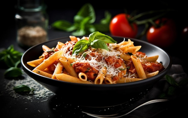 Penne pasta met tomatensaus Parmezaanse kaas en basilicum op donkere achtergrond Generatieve AI