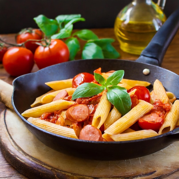 Penne pasta met tomatensous met worst tomaten groene basilicum versierd in een fryin