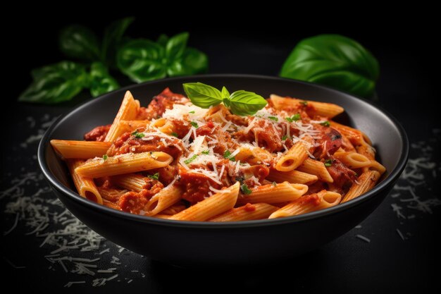 Foto penne pasta met tomatensous parmesan kaas en basilicum