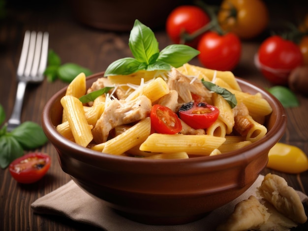 Penne pasta in tomato sauce with chicken in a bowl Generative AI