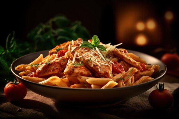 Penne pasta in tomato sauce with chicken Illustration AI GenerativexA