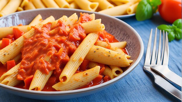 鶏肉とトマトの木製テーブルのトマトソースのペンネパスタ