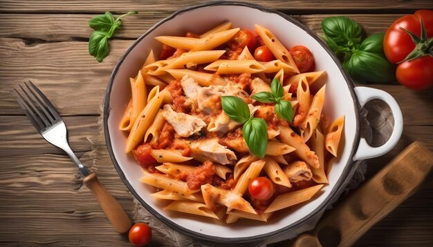 Photo penne pasta in tomato sauce with chicken and tomatoes on a wooden table