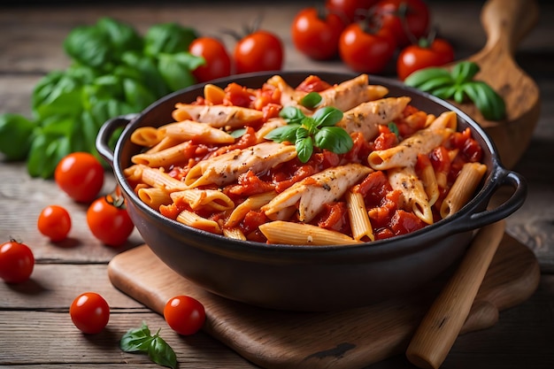 Penne pasta in tomato sauce with chicken and tomatoes on a wooden table