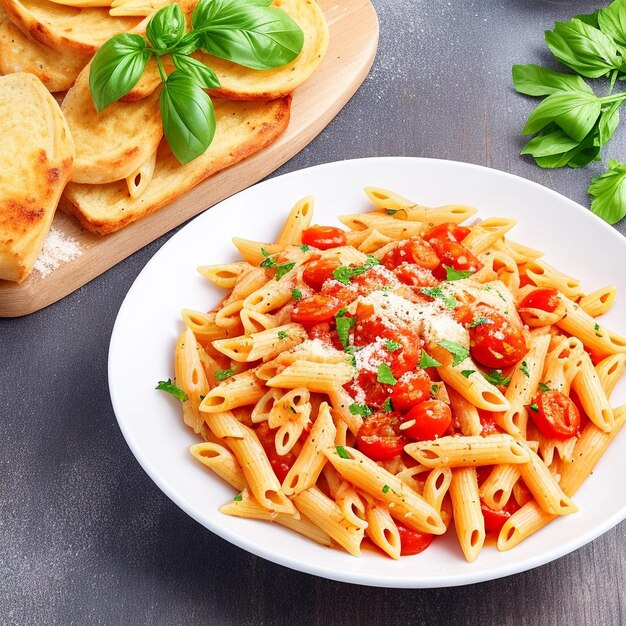 Penne pasta in tomato sauce with meat tomatoes decorated with pea sprouts