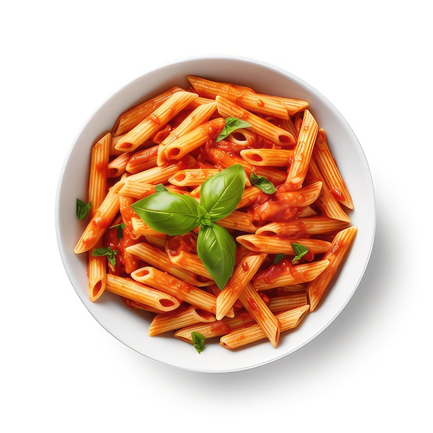 Penne pasta on white bowl with tomato sauce top view white background generative ai