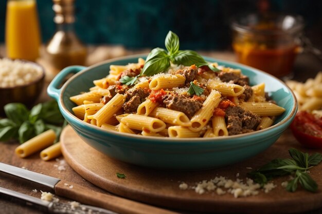 Photo penne pasta with beef cotlet on the top