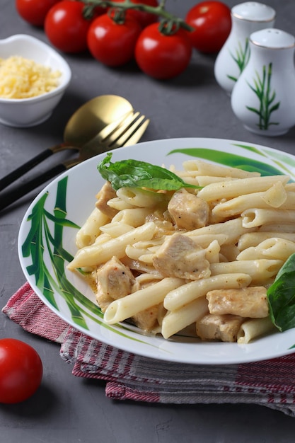 Penne pasta with chicken fillet and cheese in plate served with cherry tomatoes on dark gray background Vertical format