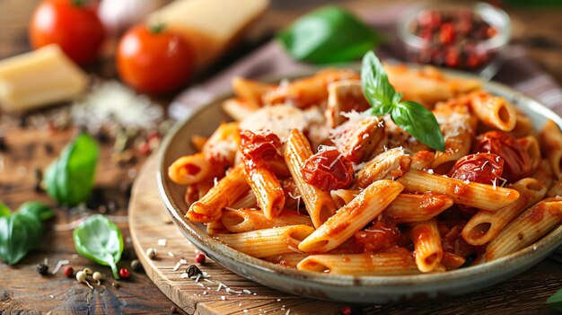 Penne pasta with chicken and tomatoes in tomato sauce placed on a wooden table