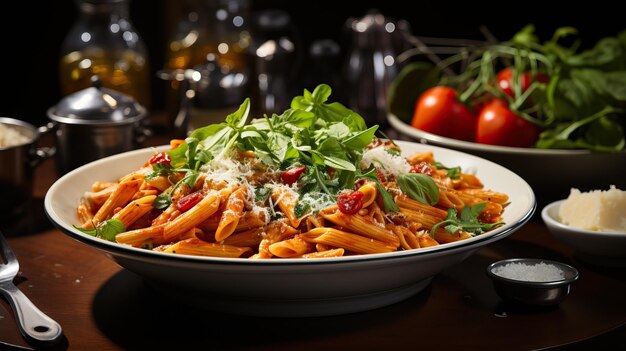 Foto penne con formaggio grattugiato e foglia di basilico