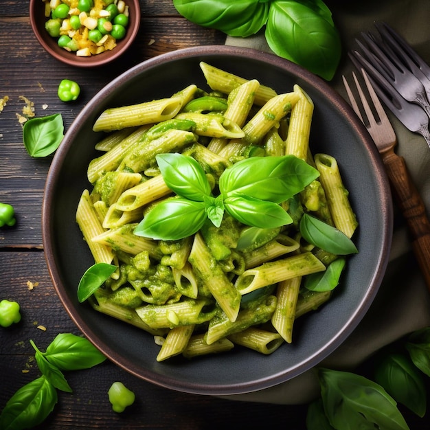 Penne pasta with pesto sauce zucchini green peas and basil