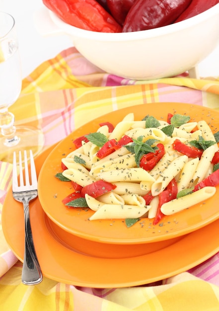 Penne pasta with red peppers and mint