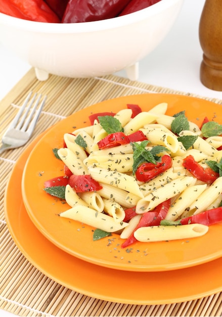 Penne pasta with red peppers and mint