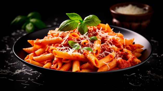 Penne pasta with tomato sauce parmesan cheese and basil on dark background Generative AI illustrator