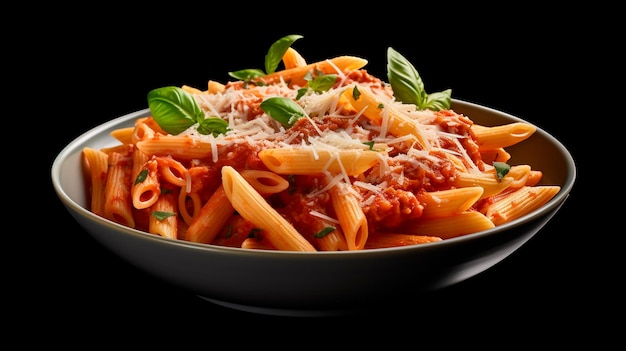 Penne pasta with tomato sauce parmesan cheese and basil on dark background Generative AI