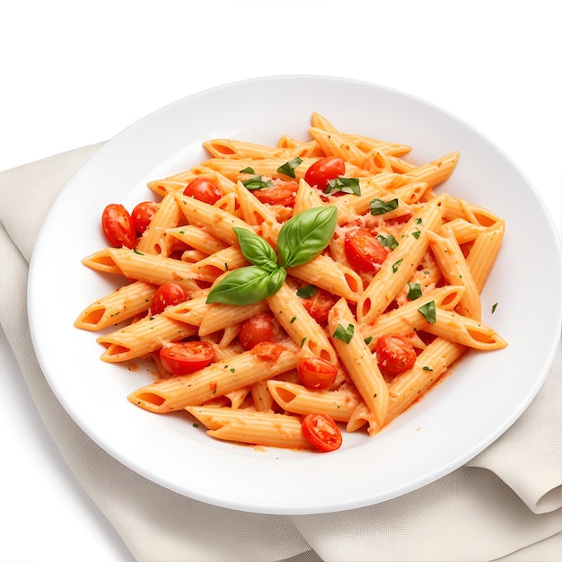 Penne pasta with tomato sauce and parmesan cheese on white background