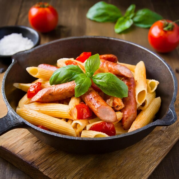 Foto pasta penne con salsa di pomodoro con pomodori salsiccia basilico verde decorato in un fryin