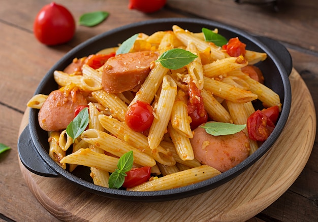 Penne pasta with tomato sauce with sausage, tomatoes, green basil decorated in a frying pan on a wooden table