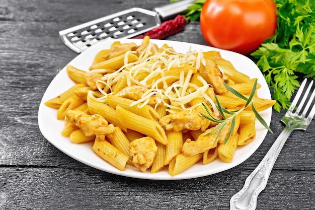 Penne with chicken and tomato in plate on board