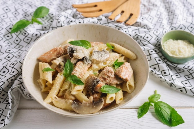 Penne with large pieces of turkey and mushrooms A plate of homemade pasta