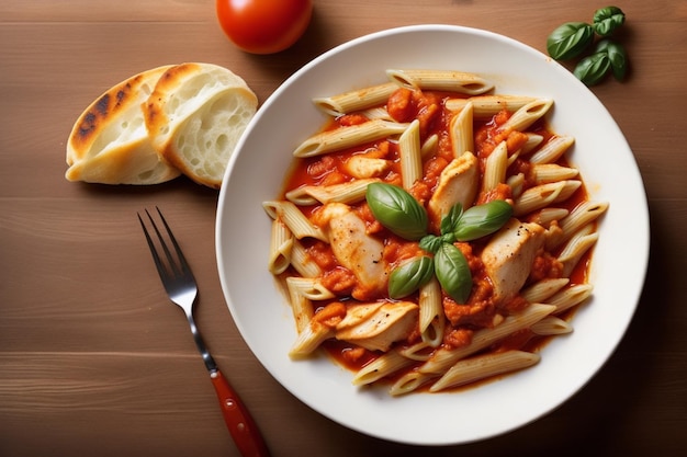 Pennedeegwaren in tomatensaus met kip en tomaten op een houten lijst