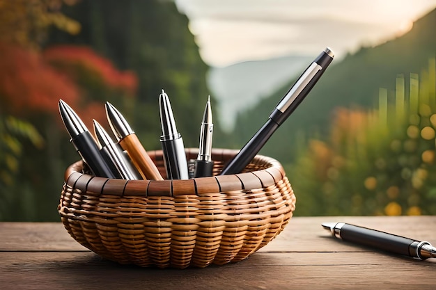 Pens and pencils in a basket on a table