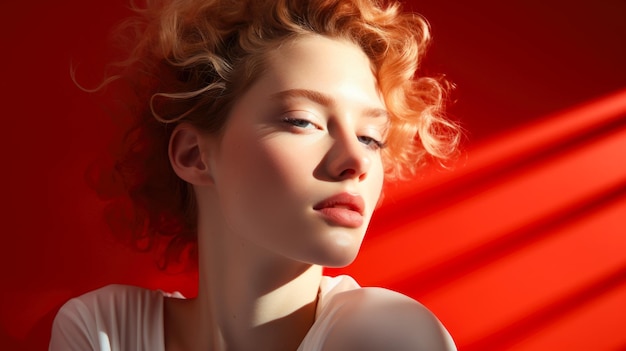 사려 깊은 아름다움  ⁇ 은 머리 젊은 여성 포르셀린 피부와 그림자 플레이 배경 빨간색