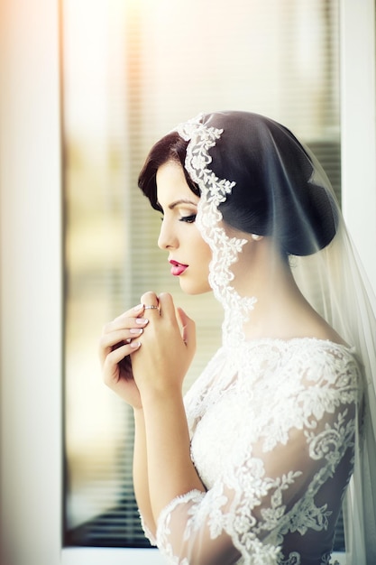 Pensive brunette bride