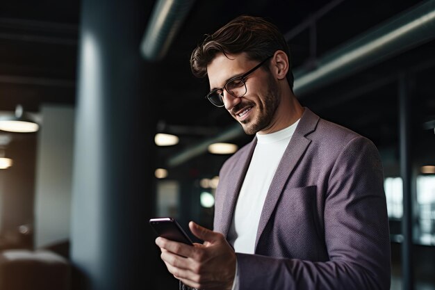 Foto uomo d'affari pensieroso con un cellulare in un luogo di lavoro moderno ai generativa