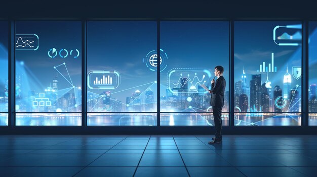 Pensive businessman in office room with clipboard big panoramic window Night skyscrapers glowing data dashboard with graph analysis and indicators double exposure Concept of financial consulting