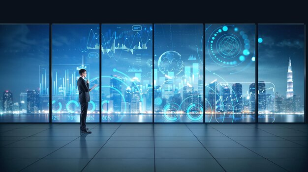 Pensive businessman standing in office room panoramic window with digital dashboard forex analysis and candlestick with graph chart and earth sphere Concept of big business data research