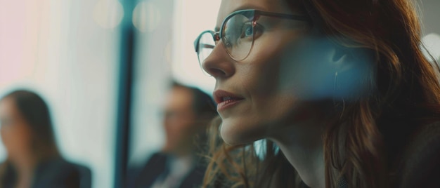 Pensive businesswoman deeply focused amidst office projections