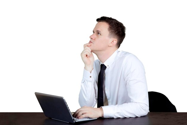 Pensive Caucasian businessperson with laptop