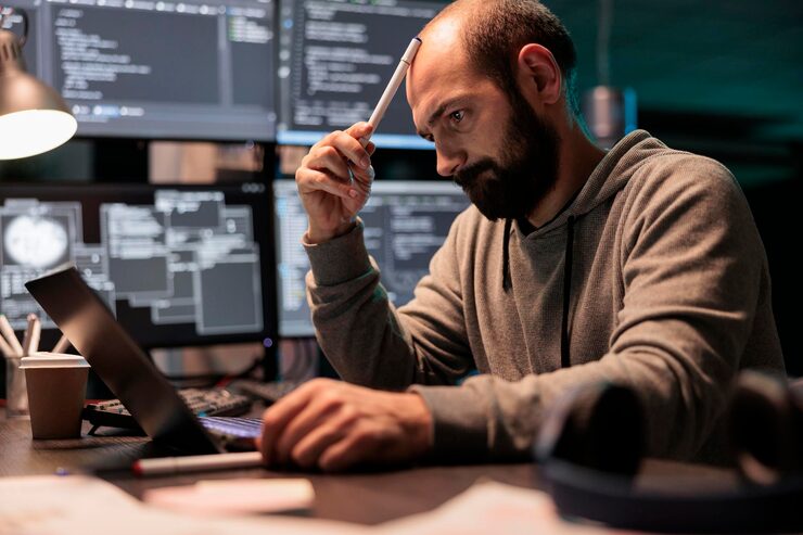 Photo pensive coder brainstorming ideas to find source code and develop html script on terminal window. thinking about solution to create cloud computing server interface, coding program.