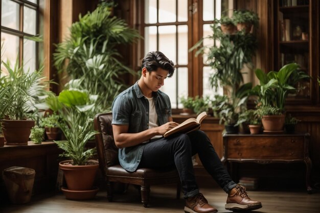 Photo pensive confident young man in denim suit sitting on background of glass wall with coffee and laptop