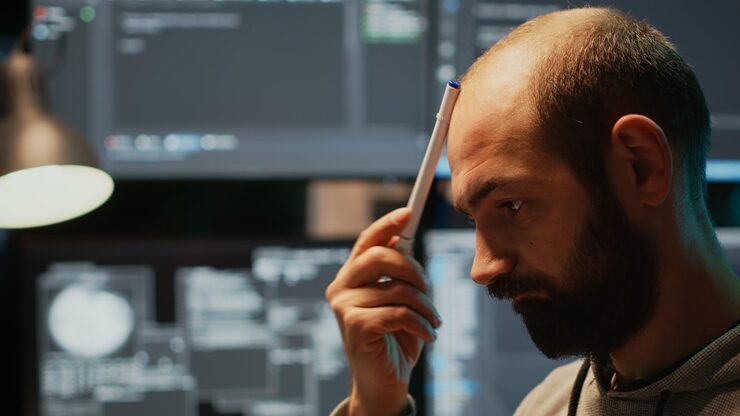 Photo pensive database admin brainstorming ideas in office, programming script and source code. thoughtful man thinking about coding solution, developing app with html language late at night.