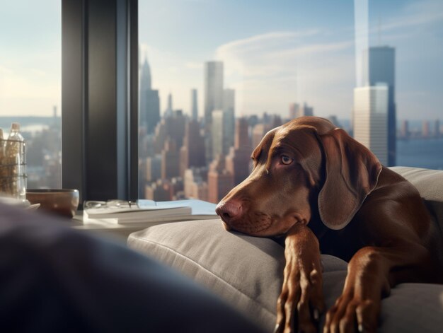 Задумчивая собака отдыхает на мягком диване с видом на город