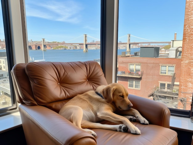 Pensive dog resting on a soft couch with a view of the city