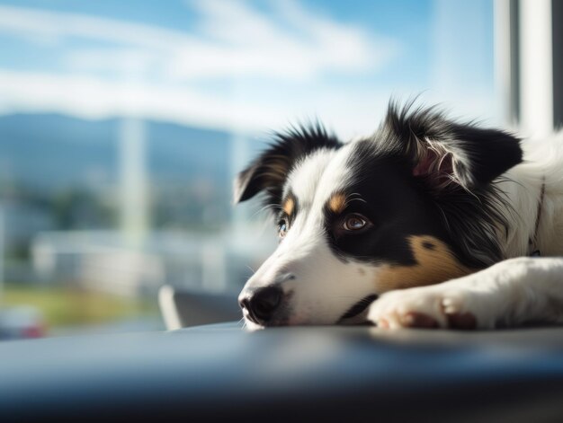 Pensive dog resting on a soft couch with a view of the city