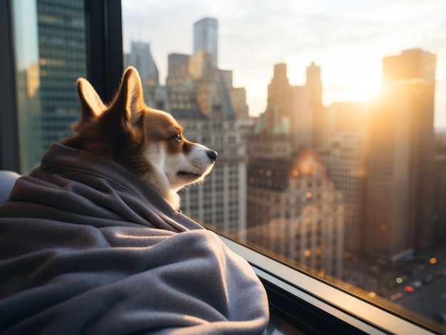 Pensive dog resting on a soft couch with a view of the city