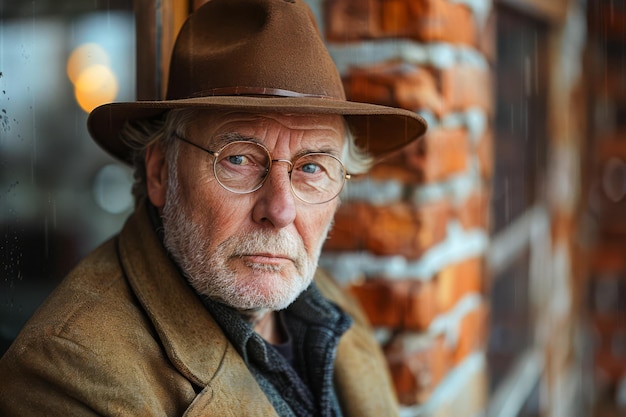 Pensive Elderly Man in Hat Gazing Through Rainy Window