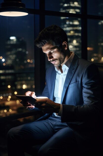 Photo pensive entrepreneur using digital tablet in night time